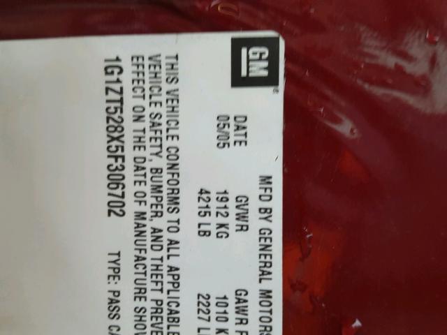 1G1ZT528X5F306702 - 2005 CHEVROLET MALIBU LS მუქწითელი ფოტო 10