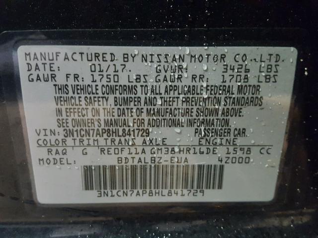 3N1CN7AP8HL841729 - 2017 NISSAN VERSA S BLUE photo 10