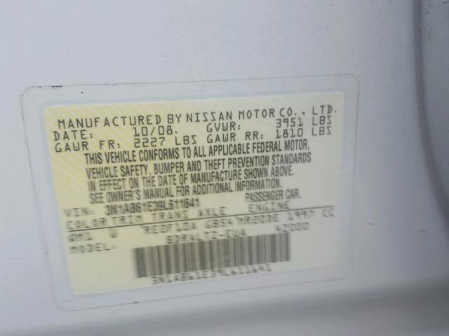 3N1AB61E39L611641 - 2009 NISSAN SENTRA WHITE photo 10