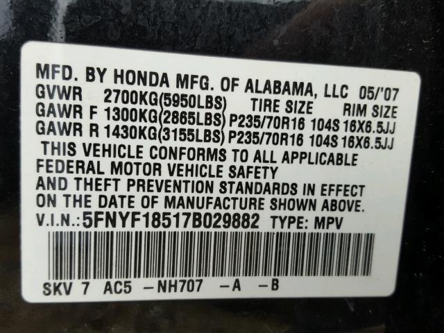 5FNYF18517B029882 - 2007 HONDA PILOT EXL BLACK photo 10