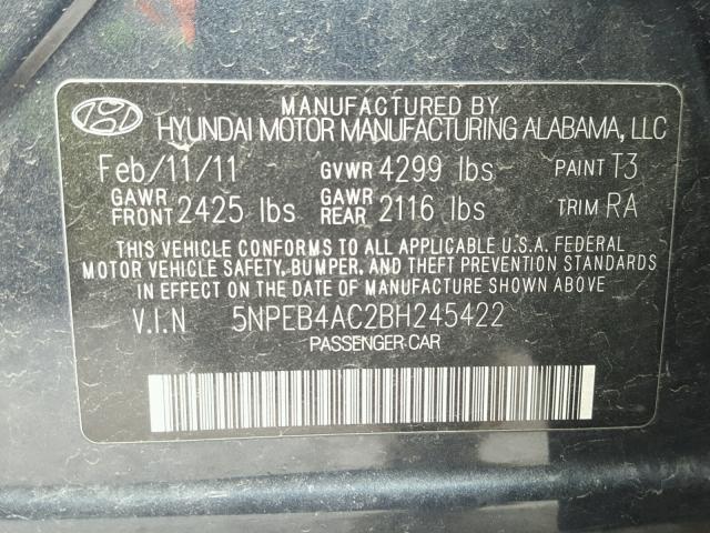 5NPEB4AC2BH245422 - 2011 HYUNDAI SONATA GLS BLUE photo 10