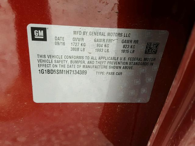 1G1BD5SM1H7134389 - 2017 CHEVROLET CRUZE LT RED photo 10