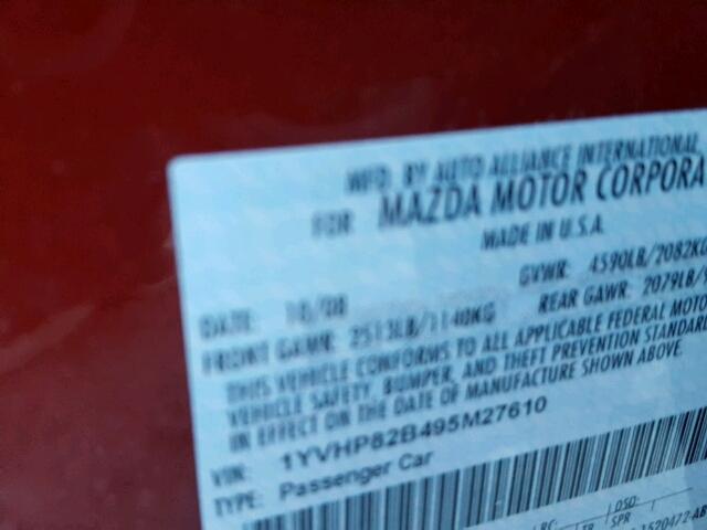 1YVHP82B495M27610 - 2009 MAZDA 6 S RED photo 10