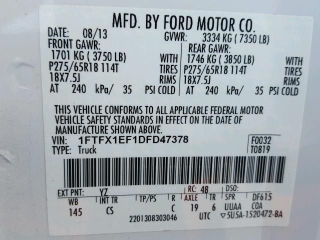 1FTFX1EF1DFD47378 - 2013 FORD F150 SUPER WHITE photo 10