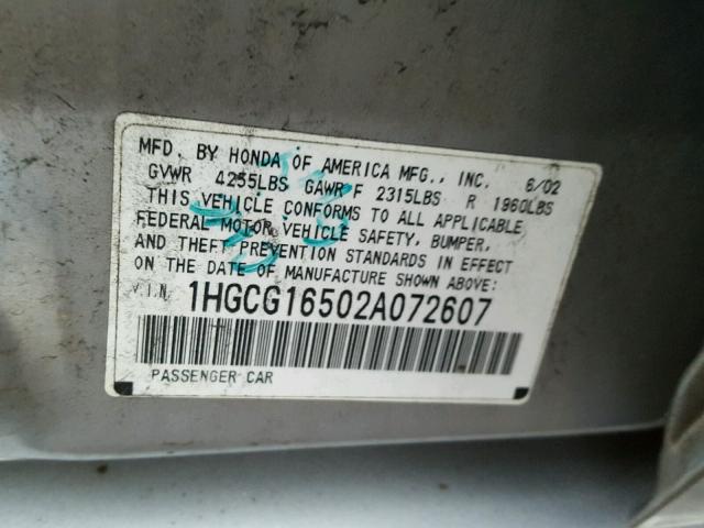 1HGCG16502A072607 - 2002 HONDA ACCORD EX SILVER photo 10