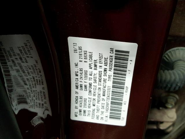 1HGCR6F72EA000501 - 2014 HONDA ACCORD HYB MAROON photo 10