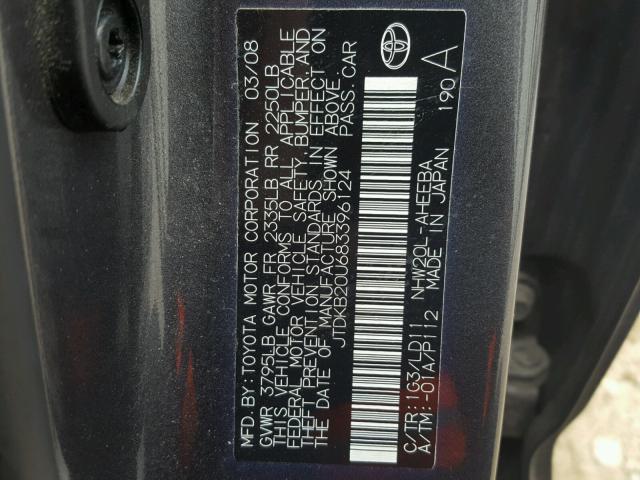 JTDKB20U683396124 - 2008 TOYOTA PRIUS CHARCOAL photo 10