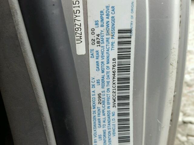 3VWCC21CXYM467618 - 2000 VOLKSWAGEN NEW BEETLE 银色 照片 10