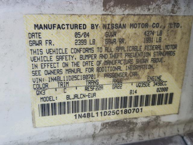 1N4BL11D25C180701 - 2005 NISSAN ALTIMA SE WHITE photo 10