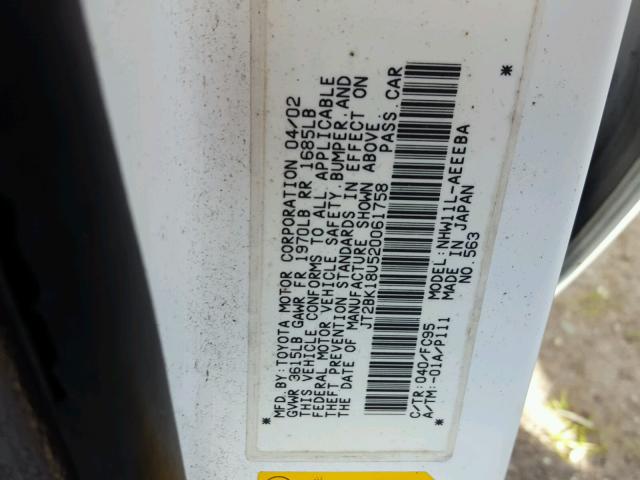 JT2BK18U520061758 - 2002 TOYOTA PRIUS WHITE photo 10