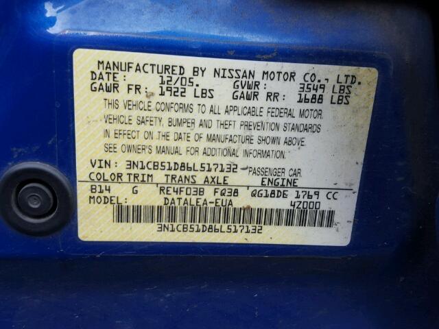 3N1CB51D86L517132 - 2006 NISSAN SENTRA 1.8 BLUE photo 10