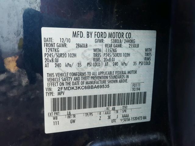 2FMDK3KC6BBA69535 - 2011 FORD EDGE LIMIT BLUE photo 10