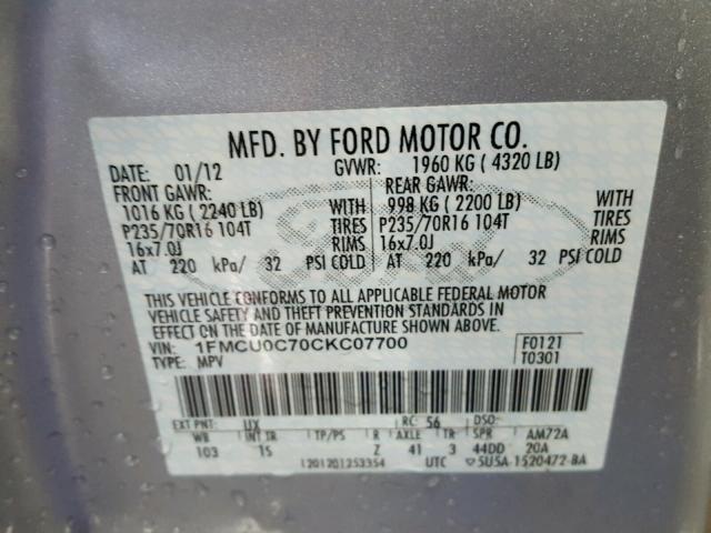 1FMCU0C70CKC07700 - 2012 FORD ESCAPE XLS SILVER photo 10