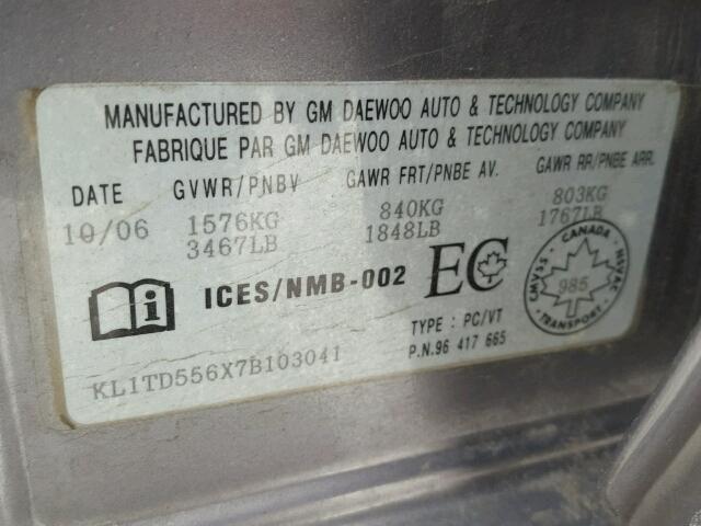 KL1TD556X7B103041 - 2007 CHEVROLET AVEO BASE SILVER photo 10