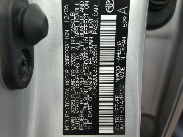 JTDKB20U377603561 - 2007 TOYOTA PRIUS SILVER photo 10