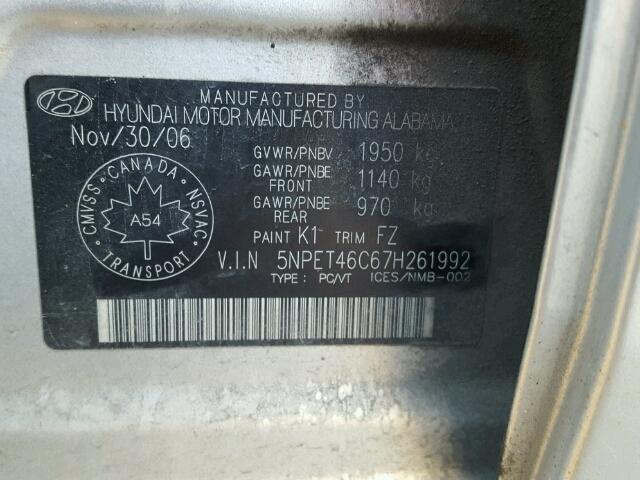 5NPET46C67H261992 - 2007 HYUNDAI SONATA GLS SILVER photo 10