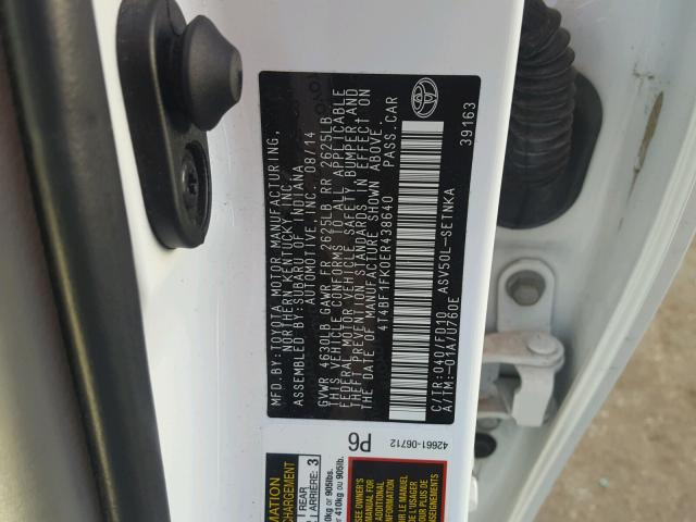 4T4BF1FK0ER438640 - 2014 TOYOTA CAMRY L WHITE photo 10