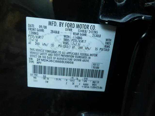 2FMDK36C88BB39958 - 2008 FORD EDGE SE BLACK photo 10