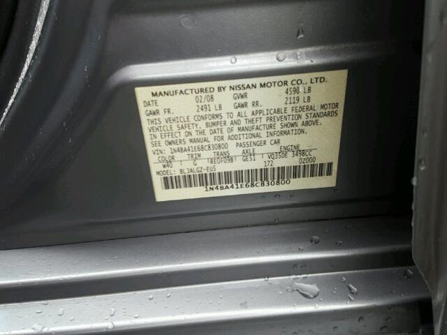 1N4BA41E68C830800 - 2008 NISSAN MAXIMA SE GRAY photo 10