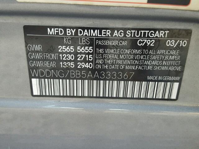 WDDNG7BB5AA333367 - 2010 MERCEDES-BENZ S 550 GRAY photo 10