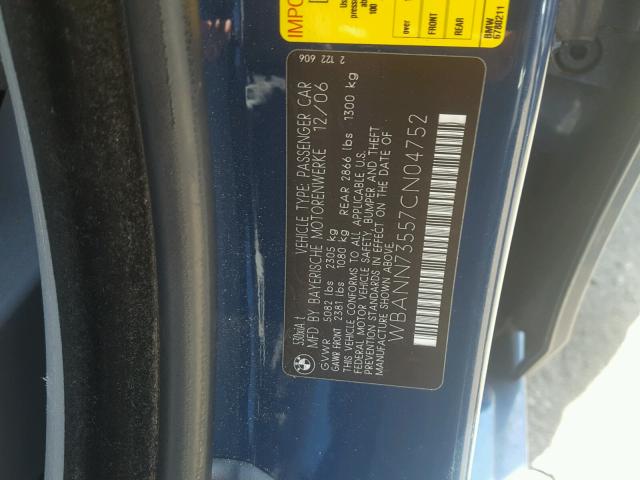WBANN73557CN04752 - 2007 BMW 530 XIT BLUE photo 10