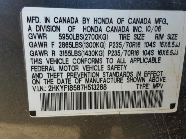 2HKYF18587H513288 - 2007 HONDA PILOT EXL GRAY photo 10