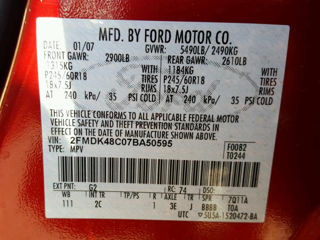 2FMDK48C07BA50595 - 2007 FORD EDGE SEL RED photo 10