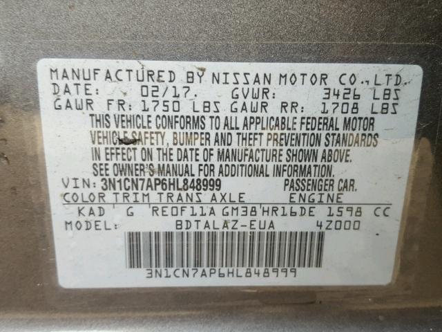 3N1CN7AP6HL848999 - 2017 NISSAN VERSA S GRAY photo 10