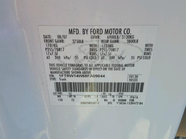 1FTRW14W68FA09644 - 2008 FORD F150 SUPER WHITE photo 10