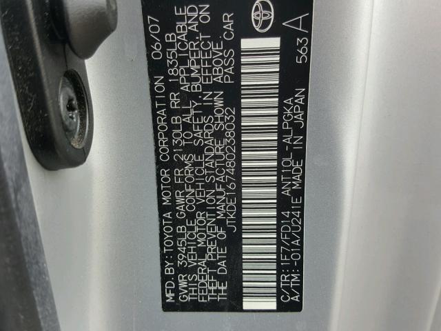 JTKDE167480238032 - 2008 TOYOTA SCION TC 银色 照片 10