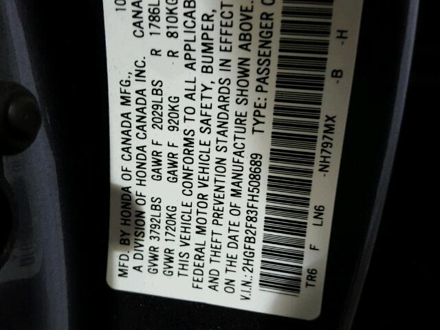 2HGFB2F83FH508689 - 2015 HONDA CIVIC EX 灰色 照片 10