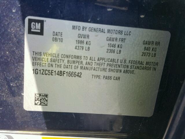 1G1ZC5E14BF166642 - 2011 CHEVROLET MALIBU 1LT BLUE photo 10