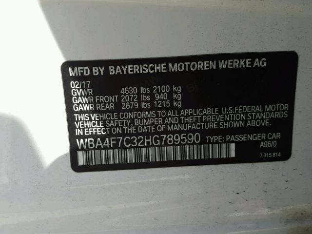 WBA4F7C32HG789590 - 2017 BMW 430I GRAN WHITE photo 10