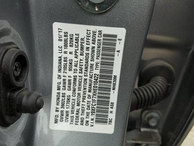 19XFC1F7XHE010422 - 2017 HONDA CIVIC EXL SILVER photo 10