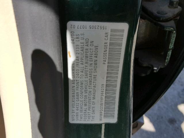 WVWPD23B1YP366239 - 2000 VOLKSWAGEN PASSAT GLX 绿色 照片 10