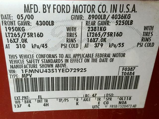 1FMNU43S1YED72925 - 2000 FORD EXCURSION RED photo 10
