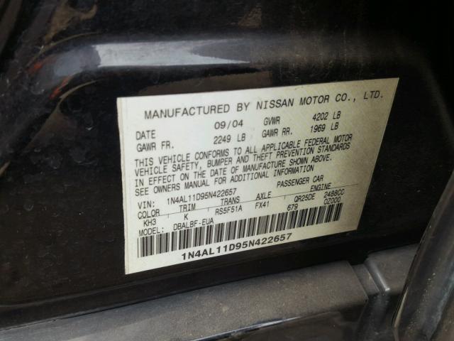 1N4AL11D95N422657 - 2005 NISSAN ALTIMA S BLACK photo 10