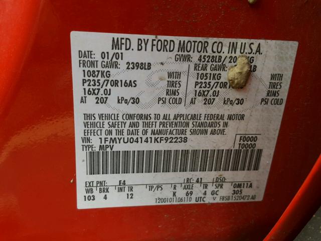 1FMYU04141KF92238 - 2001 FORD ESCAPE XLT RED photo 10