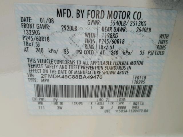 2FMDK49C88BA49470 - 2008 FORD EDGE LIMIT WHITE photo 10