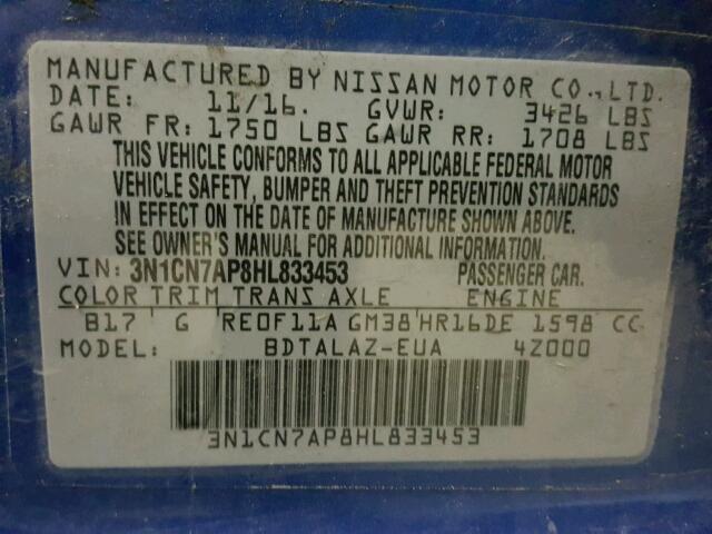 3N1CN7AP8HL833453 - 2017 NISSAN VERSA S BLUE photo 10