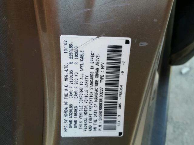 SHSRD78883U103227 - 2003 HONDA CR-V EX ოქროსფერი ფოტო 10