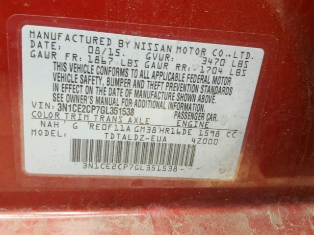 3N1CE2CP7GL351538 - 2016 NISSAN VERSA NOTE RED photo 10