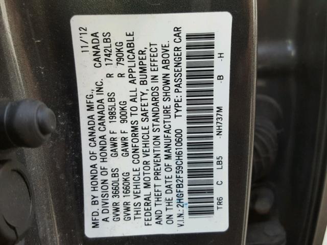 2HGFB2F59CH610600 - 2012 HONDA CIVIC LX GRAY photo 10