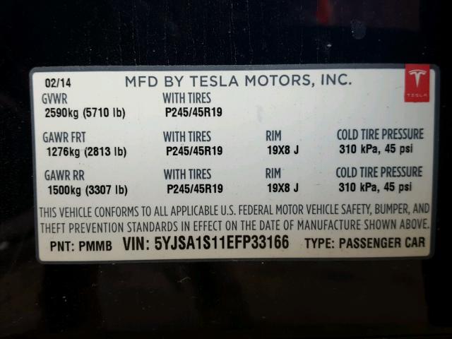 5YJSA1S11EFP33166 - 2014 TESLA MODEL S BLUE photo 10