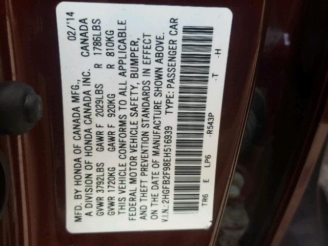 2HGFB2F98EH516939 - 2014 HONDA CIVIC EXL 勃艮第红 照片 10