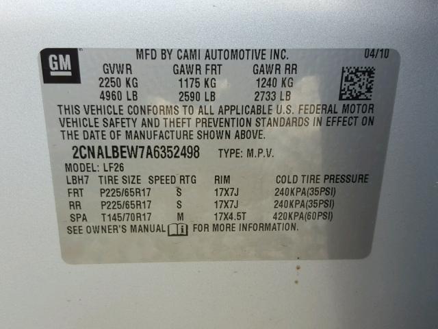 2CNALBEW7A6352498 - 2010 CHEVROLET EQUINOX LS SILVER photo 10