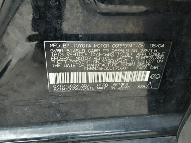 JTHBN36F350175081 - 2005 LEXUS LS 430 BLACK photo 10