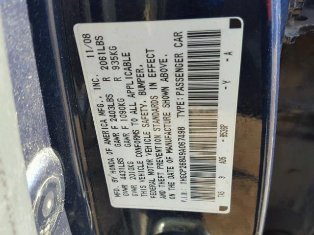 1HGCP26849A067498 - 2009 HONDA ACCORD EXL BLUE photo 10