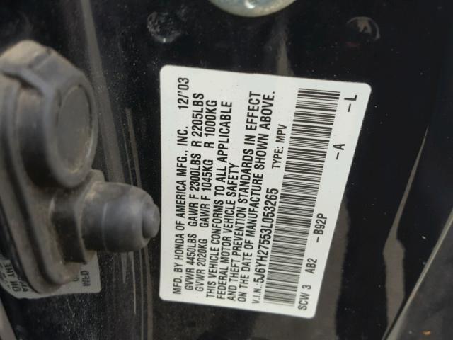 5J6YH27553L053265 - 2003 HONDA ELEMENT EX BLACK photo 10