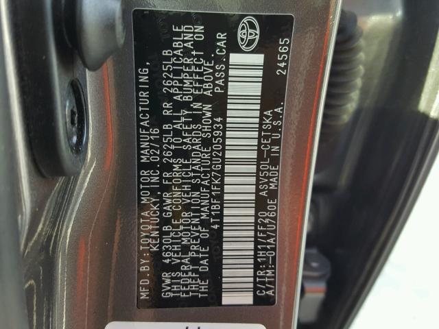 4T1BF1FK7GU205934 - 2016 TOYOTA CAMRY LE ნაცრისფერი ფოტო 10